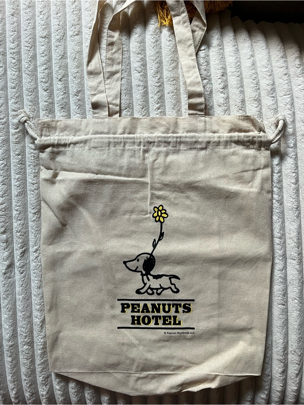 Peanuts Canvas Tote Bag in Beige with Black and Yellow Snoopy Design